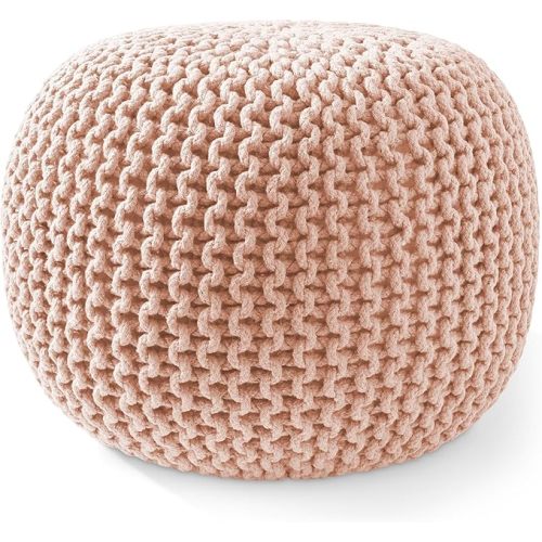 Light Pink Round Pouf Ottoman - 20" Diameter x 14.5" High Cotton Knit Foot Stool - Boho Floor Pouffe for Living Room, Bedroom, Home Office