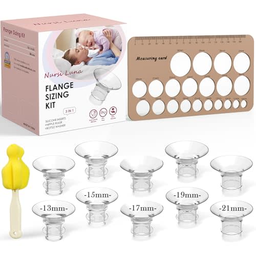 Nursi Luna Flange Sizing Kit 3 in 1 Ultimate with 10PCS Flange Inserts 13/15/17/19/21mm, Nipple Ruler, Cleaning Brush, Silicone Flanges Insert Kit for 24mm Most Pumps, Pumping Breastfeeding Essentials