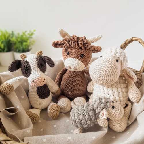 Crochet farm animals for nursery decor, Organic cotton stuffed animal for baby gift, Handmade cow plush, Cute sheep toy for child's room