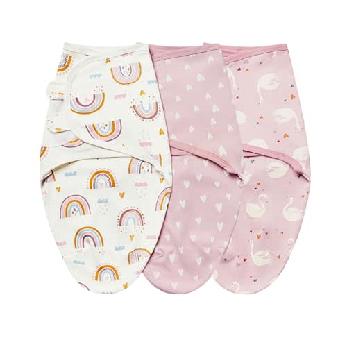insular Baby Swaddle Wrap, Swaddle Blanket for Newborn and Infant, Adjustable Swaddle Set for Boy and Girl, Soft Cotton Baby Sleep Sack 3 Pack (Small(0-3 M), Pink Swan)