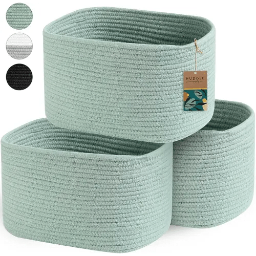 3 WASHABLE Woven Baskets for Storage Baskets for Shelves Large Cotton Rope Baskets for Organizing Decorative Storage Bins Bathroom, Shelves, Toys,Storage Cube Bins, Small Baskets (Sage Green)