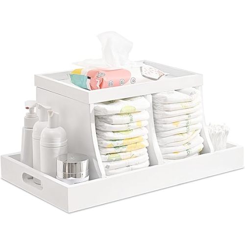 Diaper Caddy Organizer, Changing Table Organizer, Wooden Diaper Organizer for Nursery, Baby Diaper Storage Organizer with Removable Dividers (White, Rectangular Size) - 16.1x8.7