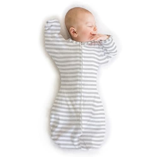SwaddleDesigns Transitional Swaddle Sack with Arms Up Half-Length Sleeves and Mitten Cuffs, Medium, 3-6 Months, 14-21 lb, Heathered Gray Stripes (Arms Up Swaddle, Transition Swaddle Sleep Sack)
