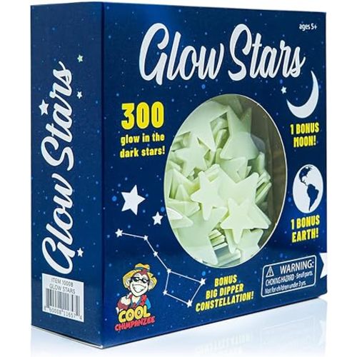 300 Count Glow Stars; Glow in The Dark Stars for Ceiling, Ceiling Stars, Glowing Stars for Ceiling Include Bonus Moon, Earth & Big Dipper Constellation (300 Stars)