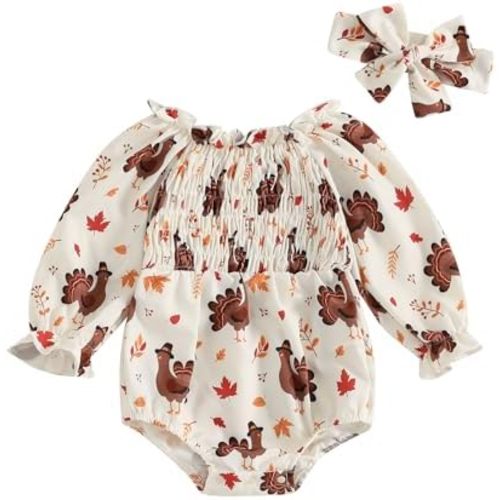 Newborn Baby Girl Thanksgiving Outfit Turkey Bubble Romper Long Sleeve Ruched Bodysuit Headband Cute Fall Clothes
