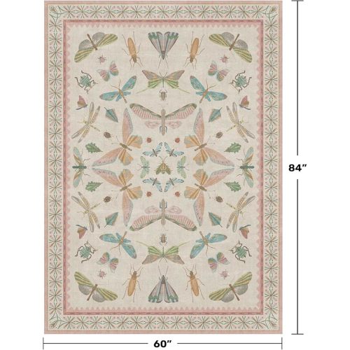 Light Pink Nursery Rug for Baby, Cute 5x7 Area Rugs for Girls Bedroom, Kids Room, Playroom, Whimsical Insect Butterfly Animal Print Decor, Washable & Ultra Soft & Stain Resistant