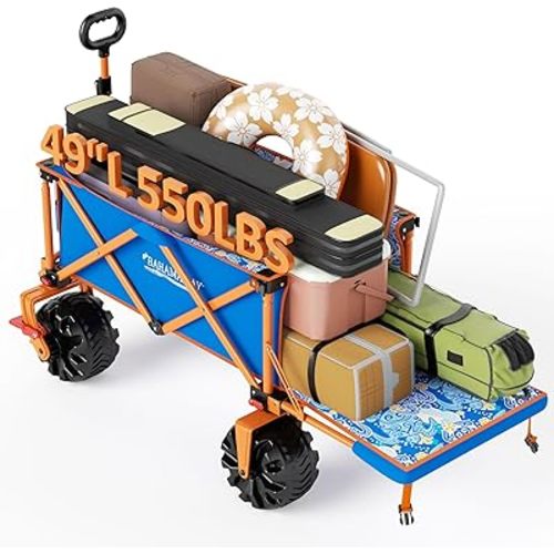 Old Bahama Bay 300lbs Extra Long 49" L Beach Wagon with Big Wheels with Brake for Sand, Collapsible Utility Beach Cart Heavy Duty Folding Wagon,Ideal for Outdoor Sand Camping Garden Pet
