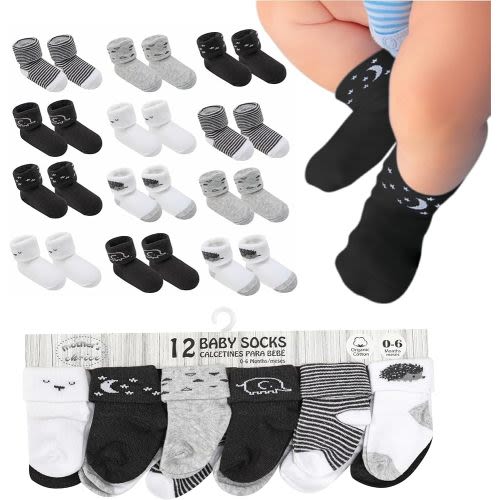Baby Socks 0-6 Months, Organic Cotton Infant Socks, Unisex, Soft & Hypoallergenic Newborn Socks, 12 Pairs
