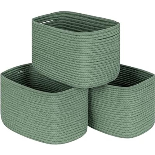 Green 3 Pack Shelf Cube Storage Organizer Bins,Decorative Closet Storage Basket for Organizing,Skin-friendly Rope Basket for Shelves,Rectangular Woven Basket for Living Room, 13x10x8.26