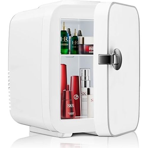 DUMOS 4L Mini Fridge 6-Can Thermoelectric Cooler & Warmer Compact 110V AC/12V DC Refrigerator for Skincare Drinks, and Food – Retro Style for Car, Office, Dorm, Bedroom, White