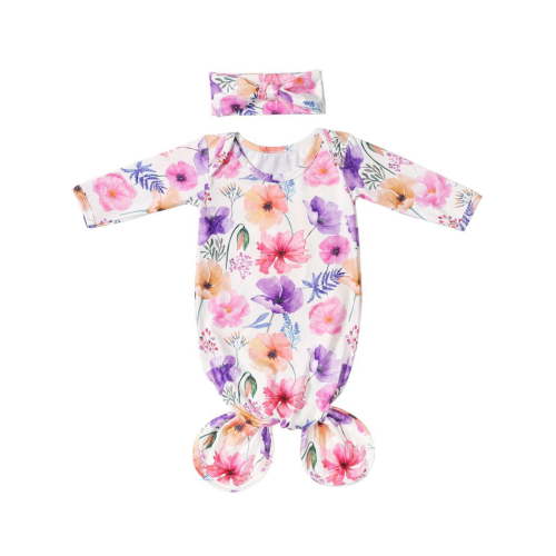 WIBACKER Baby Girls Boys Nightgowns Milk Silk Sleeper Bag Newborn Coming Home Outfits Floral Knotted Gown with Headband
