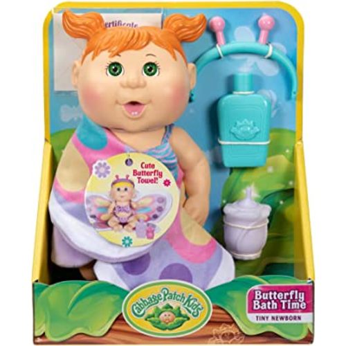 Cabbage Patch Kids Butterfly Bath Time Tiny Newborn with Butterfly Wrap Towel, Headband, Bottle, Bath Soap Bottle, & Mini Birth Certificate- 9" Red Hair, Green Eyes - Play in or Out of Water