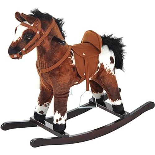 Qaba Kids Metal Plush Ride-On Rocking Horse Chair Toy with Realistic Sounds - Dark Brown/White