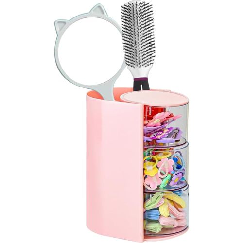 Luscinia Hair Accessories Organizer with Hair Brush Holder, Rotatable Makeup Brush and Jewelry Storage Box for Hair Clips, Earrings, Necklaces, Bracelets, Rings, and Daily Accessories (Pink, 3-Layer)