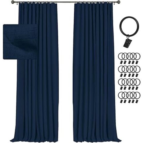 INOVADAY 100% Blackout Curtains for Bedroom, Black Out Curtains 84 Inch Long, Clip Rings Linen Blackout Drapes, Thermal Insulated Room Darkening for Living Room, 2 Panels - Midnight Blue,W50xL84