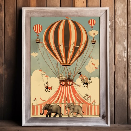 Vintage Circus Delights Digital Print, Victorian-Inspired Art, Hot Air Balloons & Elephants, Whimsical Children's Book Illustration