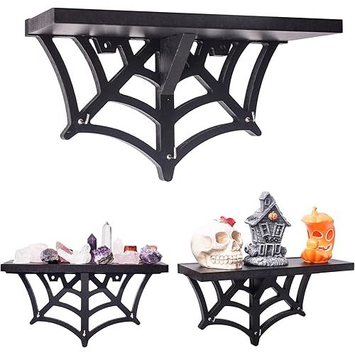 Spider Web Floating Shelf - Gothic Halloween Hanging Shelf with Hooks for Wall Oddities and Curiosities - Black Spooky Goth Wall Decor for Kitchen and Home - Crystal Display Shelf for Stones