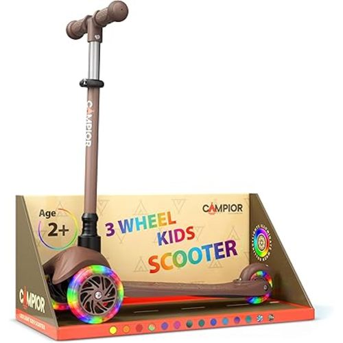Brown Mini 3 Wheel Scooter for Kids – Lean-to-Steer with LED Light-Up Wheels, Adjustable Handlebar, Wide Anti-Slip Deck, Smooth PU Wheels, Rear Foot Brake – Toddler Scooter for Ages 2+