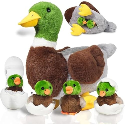 Mallard Duck Stuffed Animals Plush Toys, 7 in 1 Mommy Stuffed Duck with 4 Baby Ducklings and Eggs Inside, Green Ducks Plushies Soft Plush Doll Gift for Kids Birthday Christmas Farm Party Decor