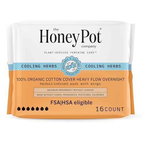 The Honey Pot Company - Herbal Sanitary Pads for Women - Heavy Flow Overnight w/Wings - Infused w/Essential Oils for Cooling Effect & Organic Cotton Cover - Feminine Care - FSA & HSA - 16 ct