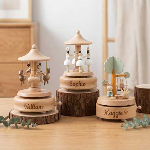 Personalized Wooden Music Box, Musical Wooden Ballerina Carousel, Custom Name Engraved Carousel, Baby Shower Gift, Birthday Gift for Kids