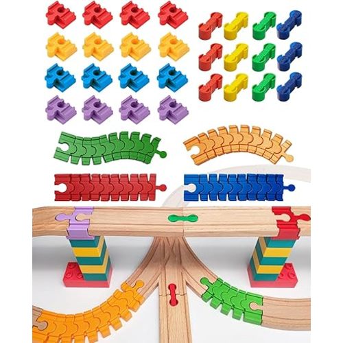 Wooden Train Track Accessories Set, 32 pcs Train Track Connector, Compatible with All Major Brands Wood Train Tracks, Christmas Birthday Gift for Boys Girls, Train Toys Expansion Pack for Kids Ages 3+