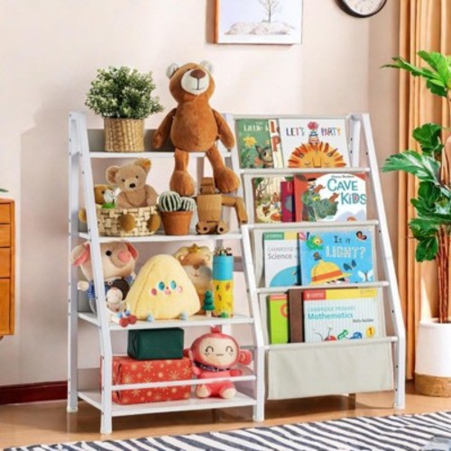 FONTOI Kids Bookshelf for Kids Rooms, 4 Tier Sling Bookcase Baby Toy Organizer Toddler Nursery Book Shelves, White, 33.9"x 11.8" x 30.9"