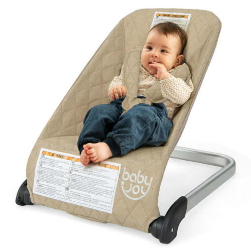 Gymax Folding Infant Bouncer Portable Baby Rocker w/ Breathable Backrest Aluminum Beige