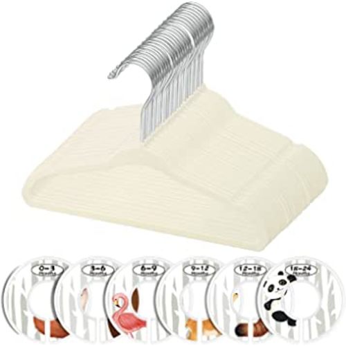 Minnebaby Velvet Baby Hangers, Pack of 30 with 6 Pcs Clothing Dividers, Beige