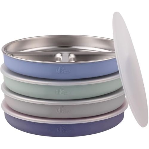 Stainless Steel Divided Plates + Silicone Sleeve and Storage Lid | Baby, Toddler, Kids | Dinner & Snack Plates | 4 Pack
