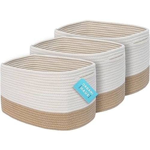 OrganiHaus Set of 3 Storage Baskets for Shelves | Cotton Rope Basket for Decor | Shoe Basket Organizers & Storage | Decorative Storage Baskets & Bins | Cute Storage Basket for Toys & Cloths - Honey