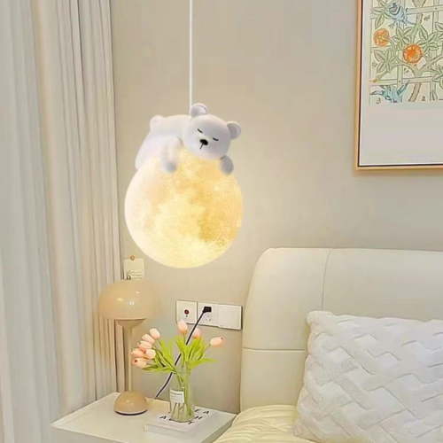 Cute Bear Pendant Light With 3D Printing Moon Globe Cartoon Sleeping Rabbit Chandelier Kids Planet Hanging Lamp Children Room 3 Light Pendant Light For Boy Girls Bedroom Bedside