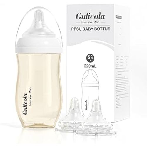 Gulicola Newborn Breastfeeding Baby Bottle with Extra Slow Flow Nipples, 0 Months+, Anti Colic, BPA Free PPSU, 7 oz - Clear