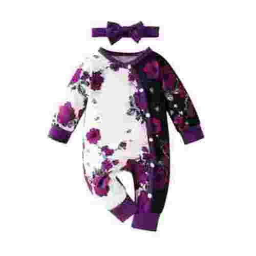 Baby Girl Flower Graphic Footies Newborn Colorblock Botton Sleeper 2 Pack Pajamas Romper Coming Home Outfit with Bow Headband