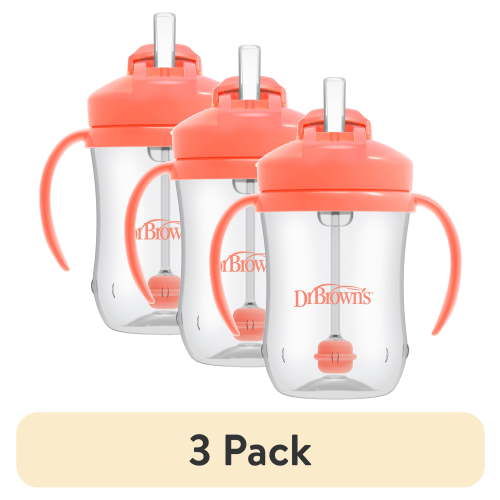 (3 pack) Dr. Brown's Milestones Baby’s First Straw Cup, Training Cup with Weighted Straw, Coral, 6m+