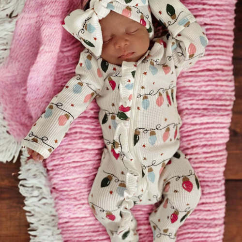 Organic Waffle Ruffle Zip Footie, Pink Christmas Lights – SpearmintLOVE