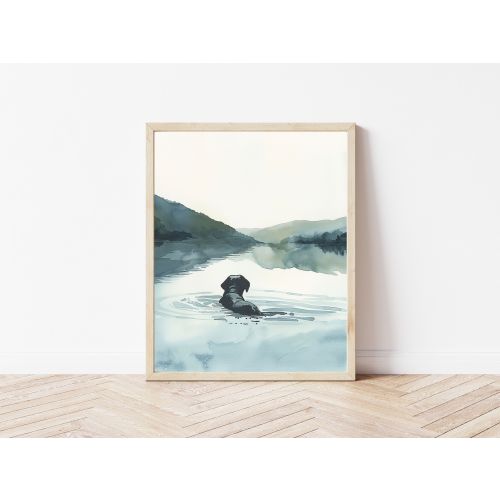 Black Labrador Watercolor Dog Swimming in Lake Wall Art Labrador Retriever Landscape Painting Dog Lover Gift Lake House Cabin Decor