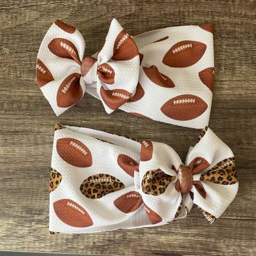 Football Bow Baby Girl Bow HeadWraps Nylon Headbands Clip Hairband Toddler White Brown Cheetah Leopard Fall NFL College Gameday Team Spirit