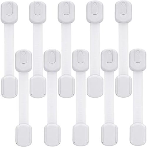 Child Safety Cabinet Locks - (10 Pack) Baby Proofing Latches to Drawer Door Fridge Oven Toilet Seat Kitchen Cupboard Appliance Trash Can with 3M Adhesive - Adjustable Strap No Drill No Tool