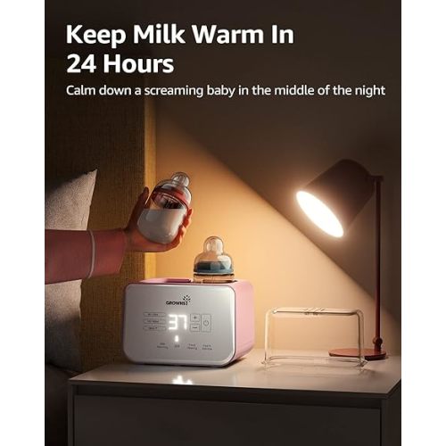 Baby Bottle Warmer, Grownsy 8-in-1 Fast Milk Warmer with Timer Breastmilk or Formula, Fits 2 Bottles, Accurate Temperature Control, with Defrost, Sterili-zing, Keep, Heat Baby Food Jars Function - Pink
