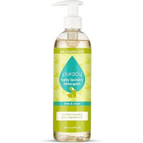 Puracy Liquid Laundry Detergent - 1,4 Dioxane Free, Natural, Scent-Free Gentle Laundry Detergent Liquid Concentrate Laundry Pouch with Stain Fighting Enzymes, Free & Clear, 16oz (Laundry Detergent)