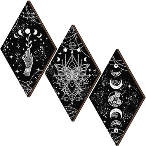 Ferraycle 3 Pcs Rustic Boho Wall Decor Moon Phases Butterfly Wall Art Stars Moon Decor Minimalist Room Decoration Wooden Gothic Witchy Pediments Hanging Sign for Home(6.7 x 11.8 Inch,Black, White)