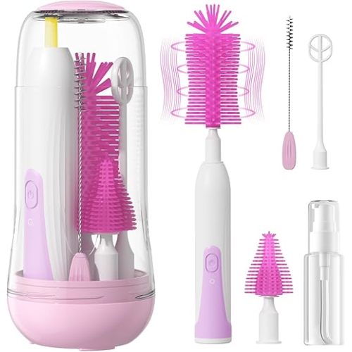 Electric Bottle Brush Cleaner, Rechargable Electric Baby Bottle Brush Cleaner with Nipple & Straw Brush, Travel Baby Bottle Brush with Drying Rack, Perfect Essentials for Mom After Birth, Pink