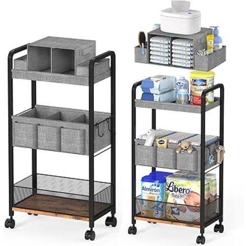 2In1 Baby Diaper Caddy & 3-Tier Rolling Diaper Cart, Caddy Organizer Cart with Dividers, Mobile Metal Bedside Carts for Baby Essentials, Rolling Carts for Newborn Nursery with Wheels, Large Capacity