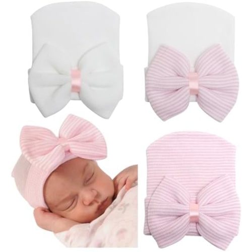 Cotton Newborn Baby Girl Hats with Bow 0-3 Months