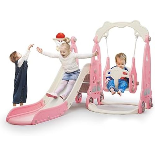 4 in 1 Slide Climber Swing Set, Freestanding Toddler Slide Climber Playset with Basketball Hoop, Toddler Playground Indoor Outdoor, Easy Setup (Pink)