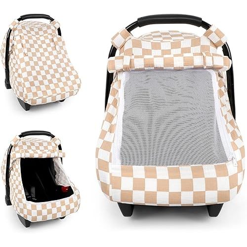DILIMI Car Seat Covers for Babies, Muslin Cotton Baby Car Seat Cover with Breathable Mesh Window, Summer Infant Car Seat Canopy for Boys Girls Newborn, Brown Checkered