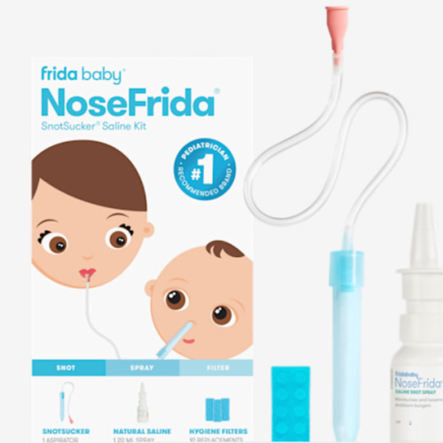 Frida Baby Saline Kit, Includes NoseFrida Nasal Aspirator for Baby, Baby Nose Sucker, Saline Nasal Spray for Babies with 10 Extra Hygiene Filters, Nasal Spray Decongestant, 0.68 fl oz