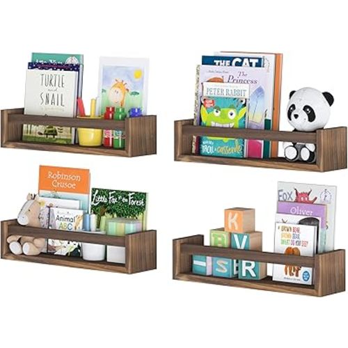 Wallniture Utah Nursery Bookshelf Set of 4, Floating Shelves for Kids Room Decor, Wood Wall Shelves (Burnt Wash Brown)