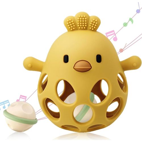 2-in-1 Baby Teething Rattle Toy, Sensory Grasping Teether for Infants 3-12 Months, 100% Food-Grade Silicone, Easy to Hold, Soothing & Developmental, BPA Free